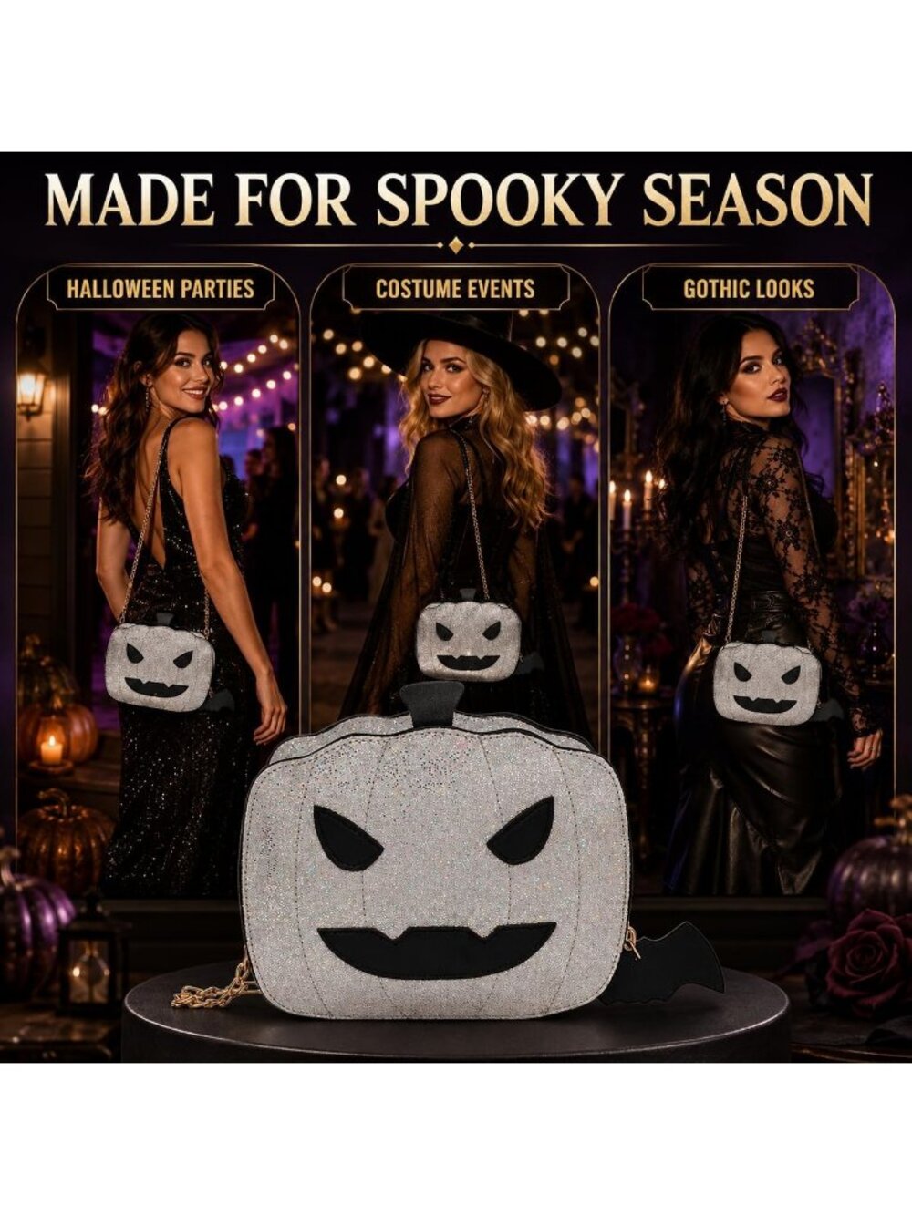 Women's Pumpkin Halloween Gothic Pumpkin Coffin Skull Bat Purse Crossbody Bag - Picture 7 of 7